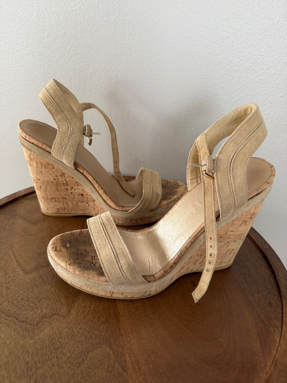Stuart Weitzman Beige Suede Cork Wedge Sandal